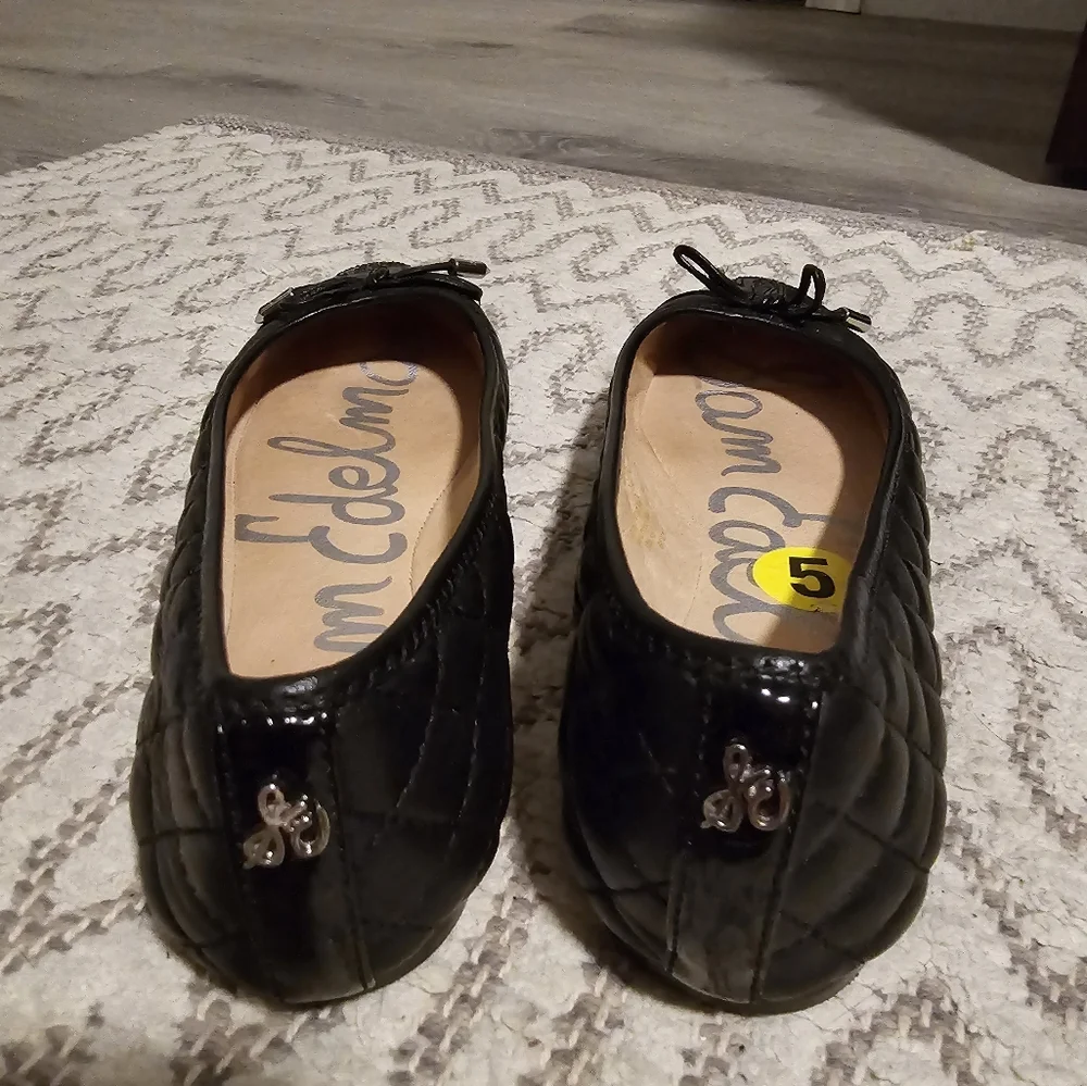 SAM EDELMAN quilted black leather flats with lace bow. Used size 5